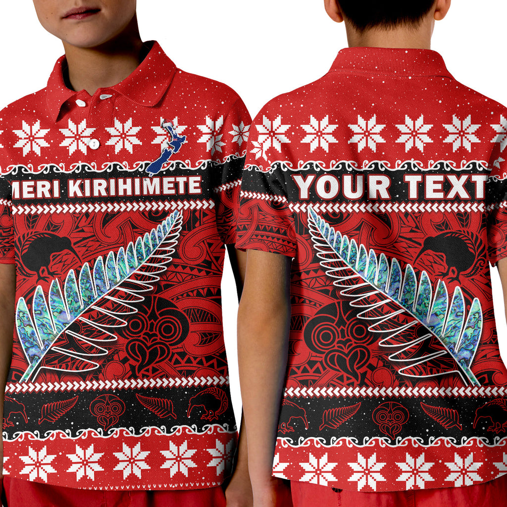 custom-personalised-new-zealand-christmas-polo-shirt-kid-paua-shell-silver-fern-meri-kirihimete