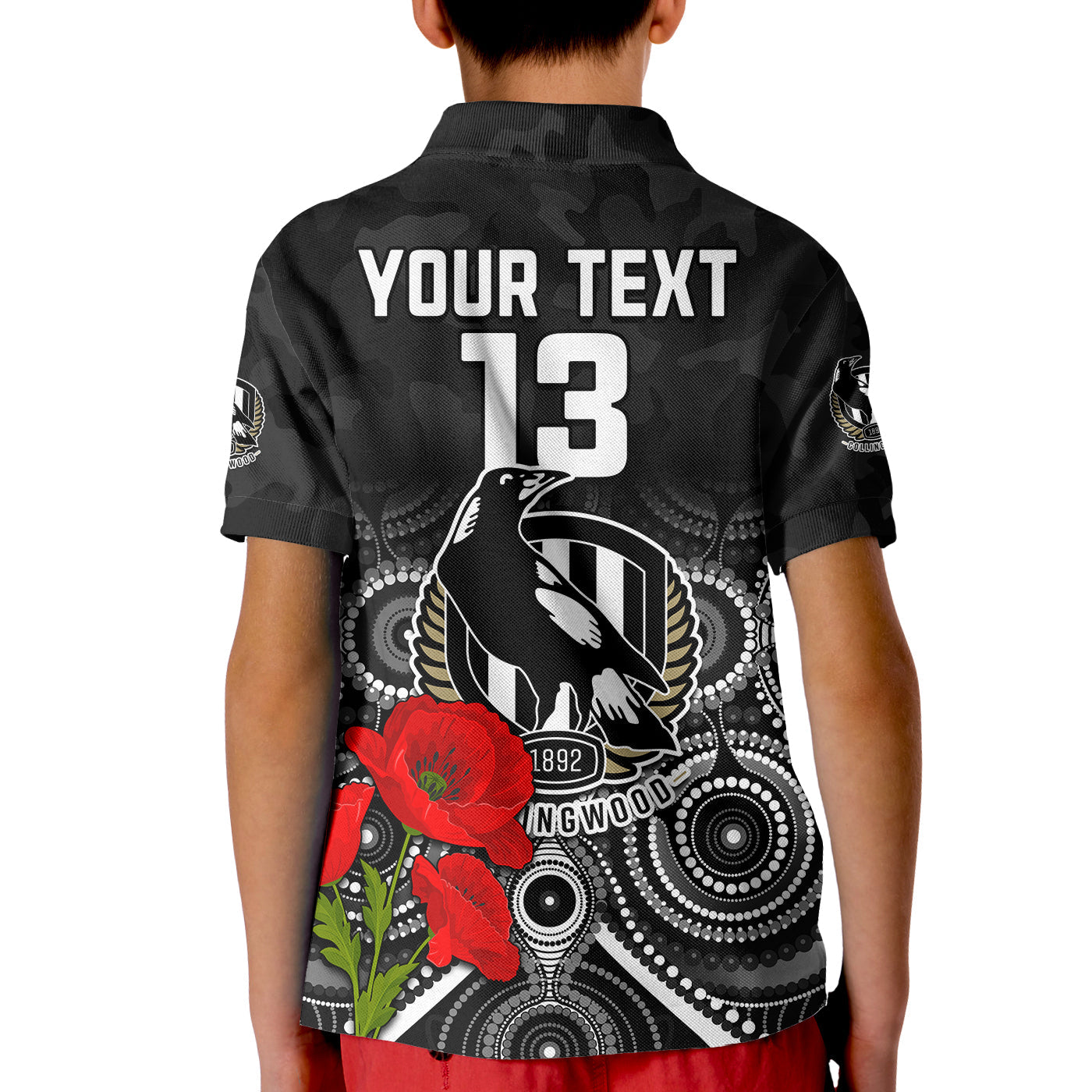 custom-text-and-number-magpies-football-anzac-day-polo-shirt-kid-aboriginal-poppy-flowers