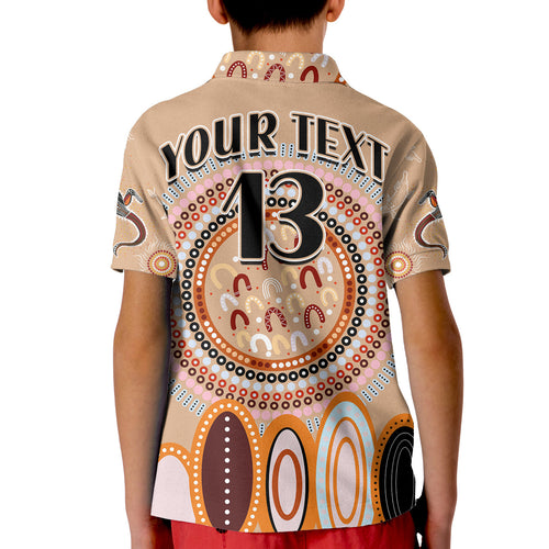 custom-text-and-number-aboriginal-stand-up-polo-shirt-kid-circle-dot-with-lizard-version-peachpuff