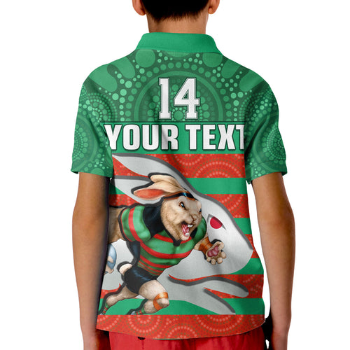 custom-text-and-number-rabbitohs-rugby-polo-shirt-kid-aboriginal-dot-painting-glory-glory-sporty-style
