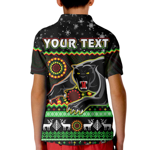custom-personalised-panthers-christmas-polo-shirt-kid-aboriginal-pattern-penrith-black-version