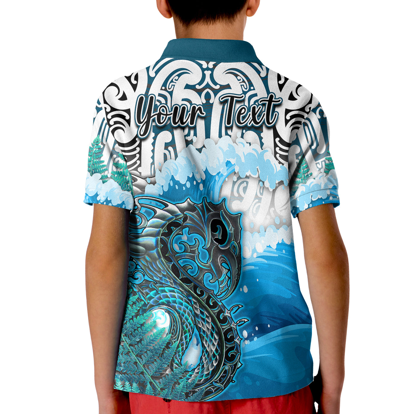 custom-personalised-manaia-maori-polo-shirt-fern-aotearoa-blue-waves