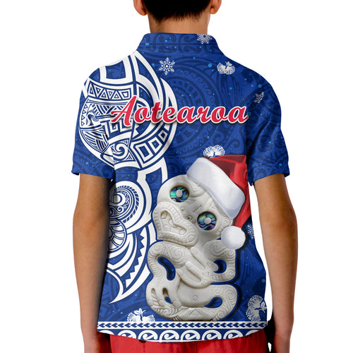 custom-personalised-new-zealand-christmas-polo-shirt-kid-hei-tiki-blue-pohutukawa-meri-kirihimete