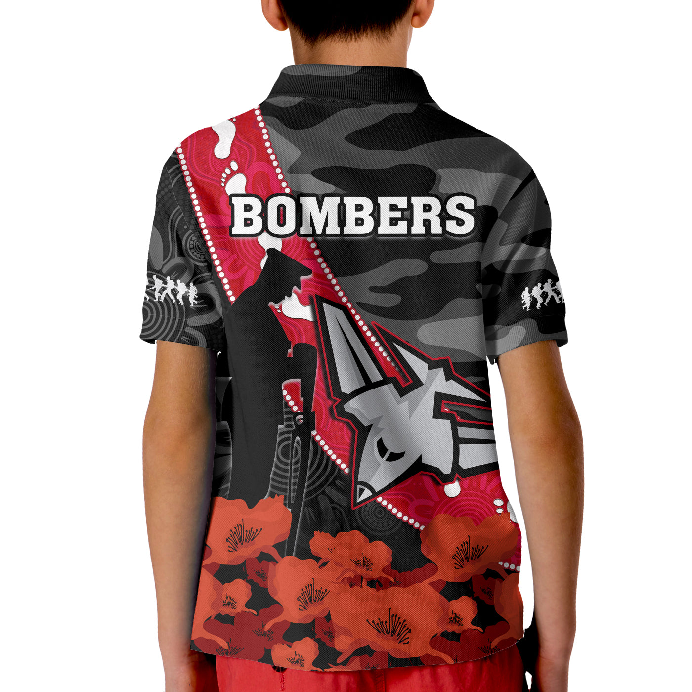 essendon-football-anzac-2023-polo-shirt-kid-bombers-aboriginal-mix-poppy-camouflage