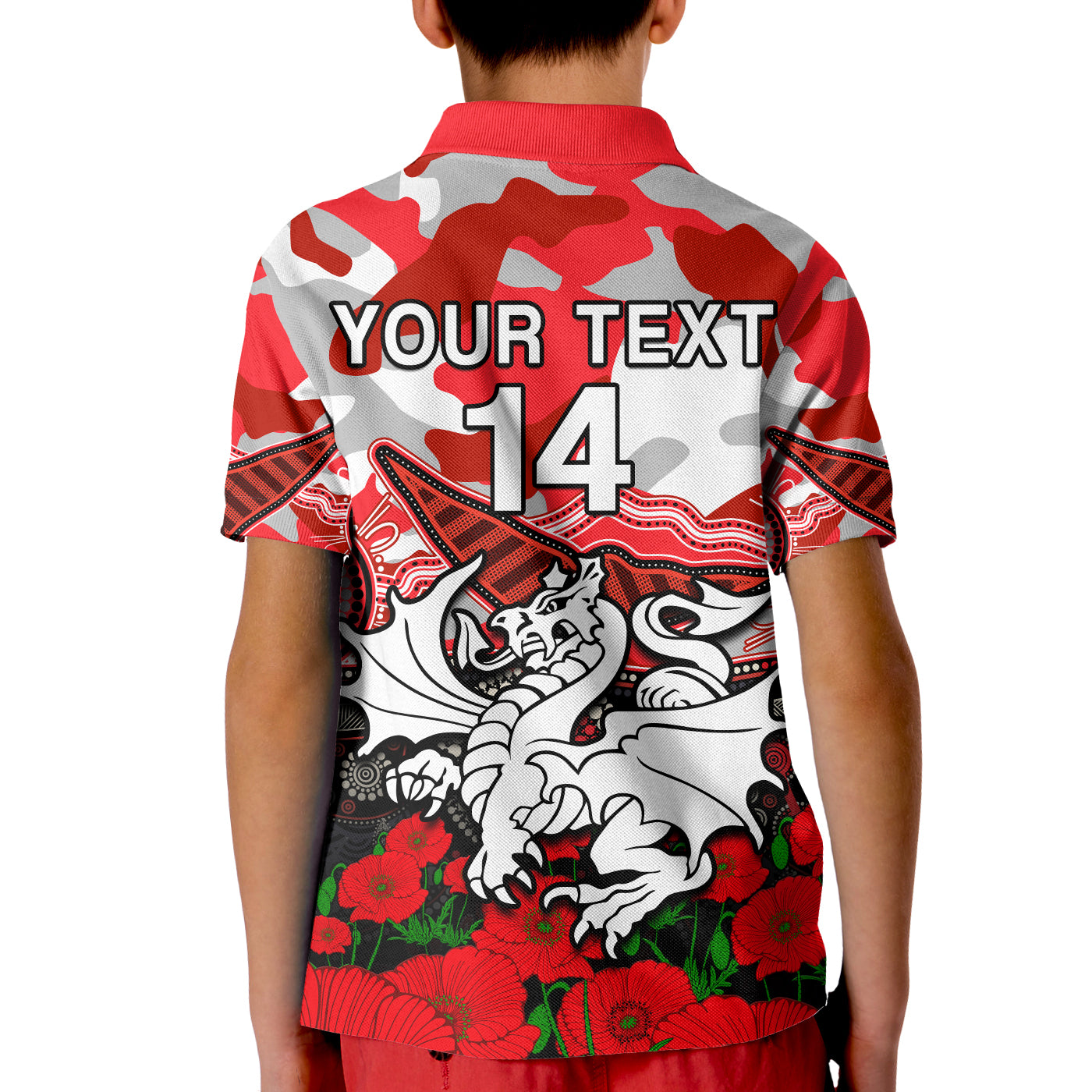 custom-text-and-number-dragons-rugby-anzac-2023-polo-shirt-aboriginal-mix-poppy-lest-we-forget