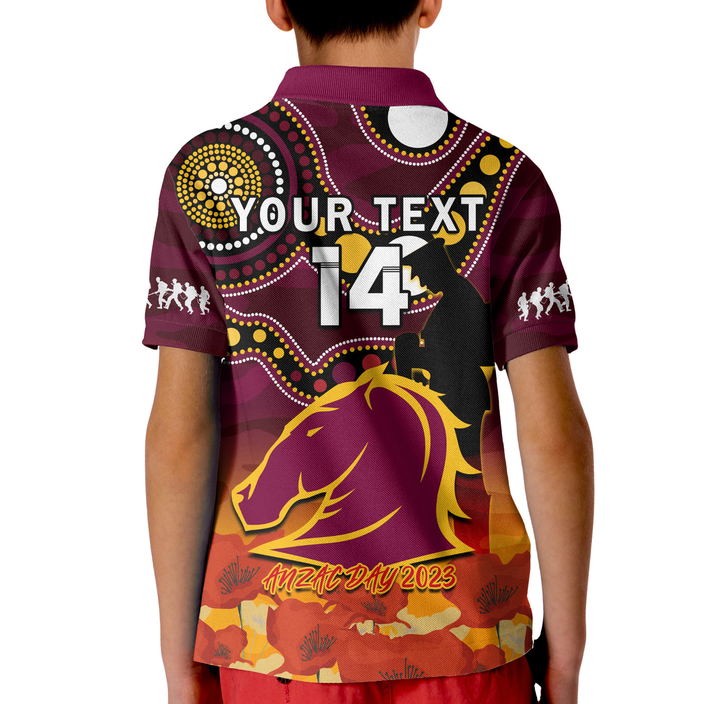 custom-text-and-number-brisbane-broncos-rugby-anzac-2023-polo-shirt-aboriginal-mix-poppy-lest-we-forget