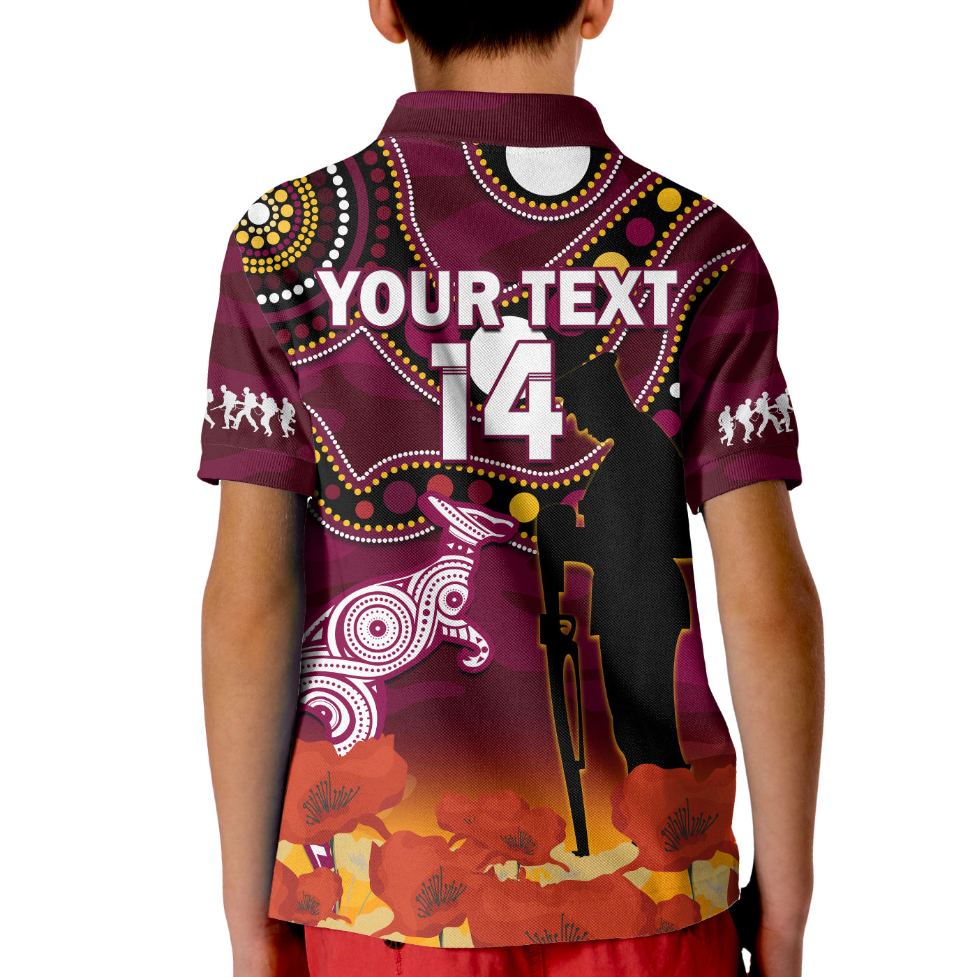 custom-text-and-number-maroons-rugby-anzac-2023-polo-shirt-kid-qld-aboriginal-mix-poppy-camouflage