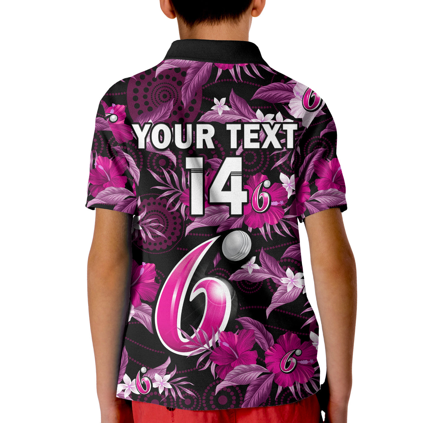 custom-text-and-number-sydney-sixers-cricket-polo-shirt-kid-aboriginal-art-mix-tropical-flowers