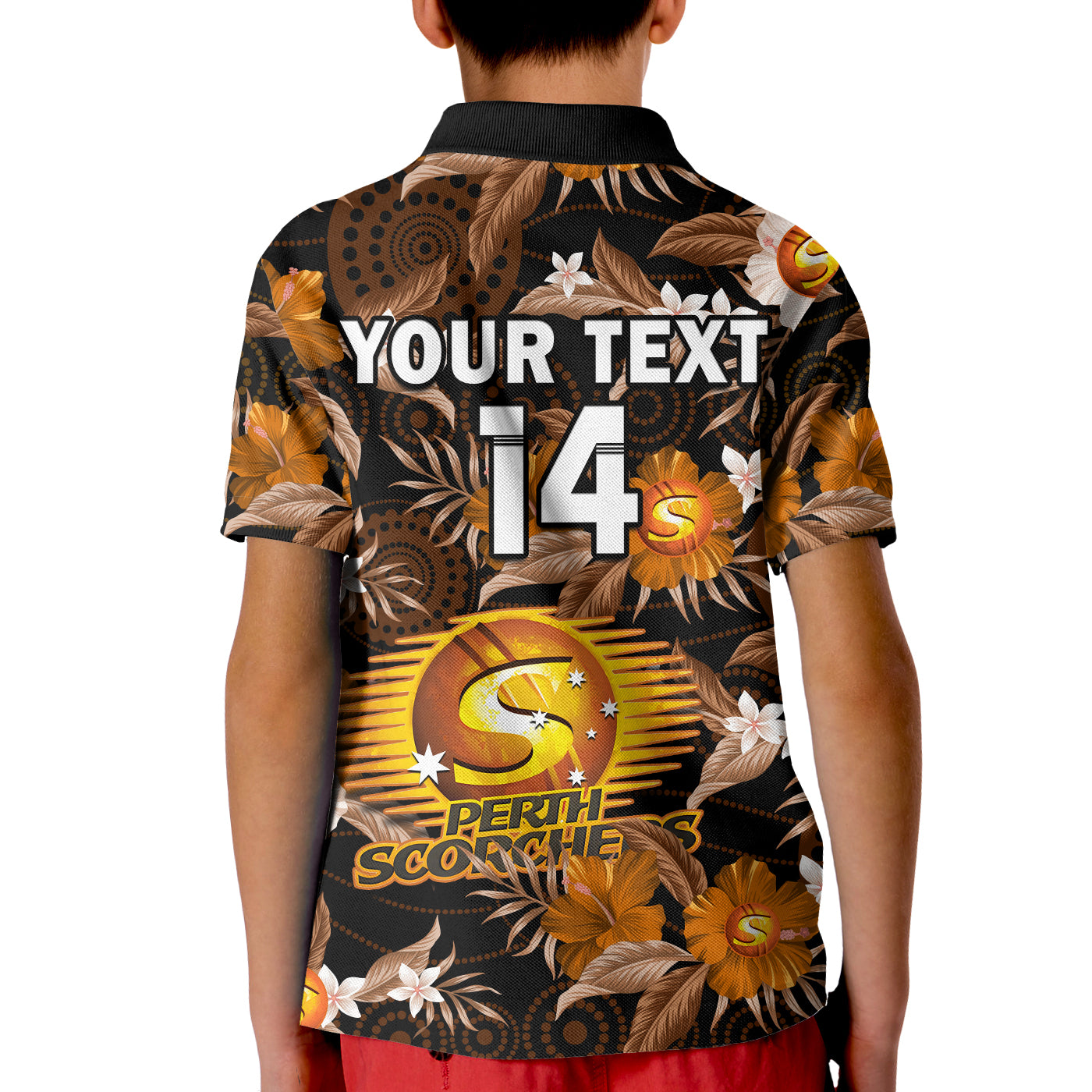 custom-text-and-number-perth-scorchers-cricket-polo-shirt-kid-aboriginal-art-mix-tropical-flowers