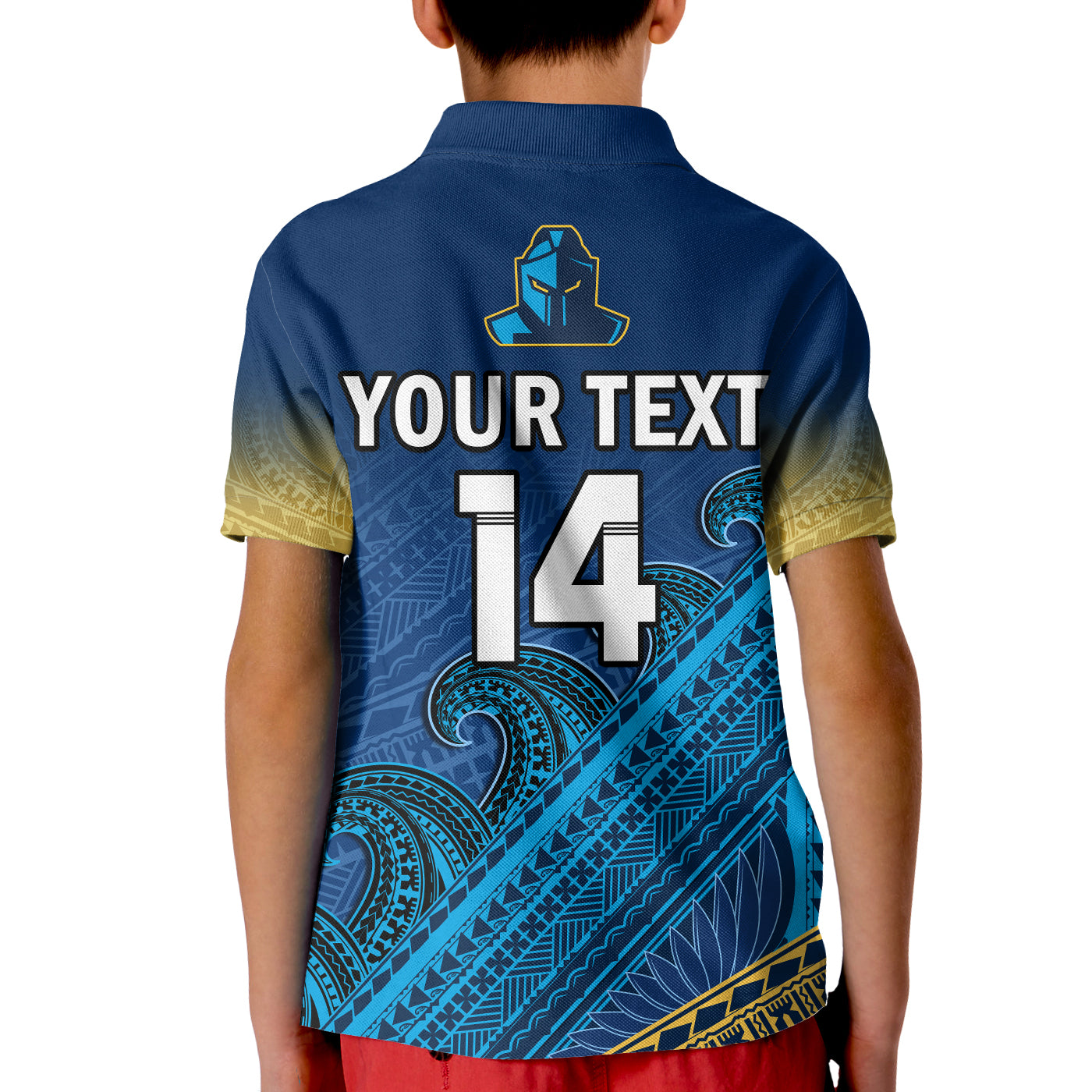 custom-text-and-number-gold-coast-titans-rugby-polo-shirt-kid-pasifika-gradient-polynesian-pattern