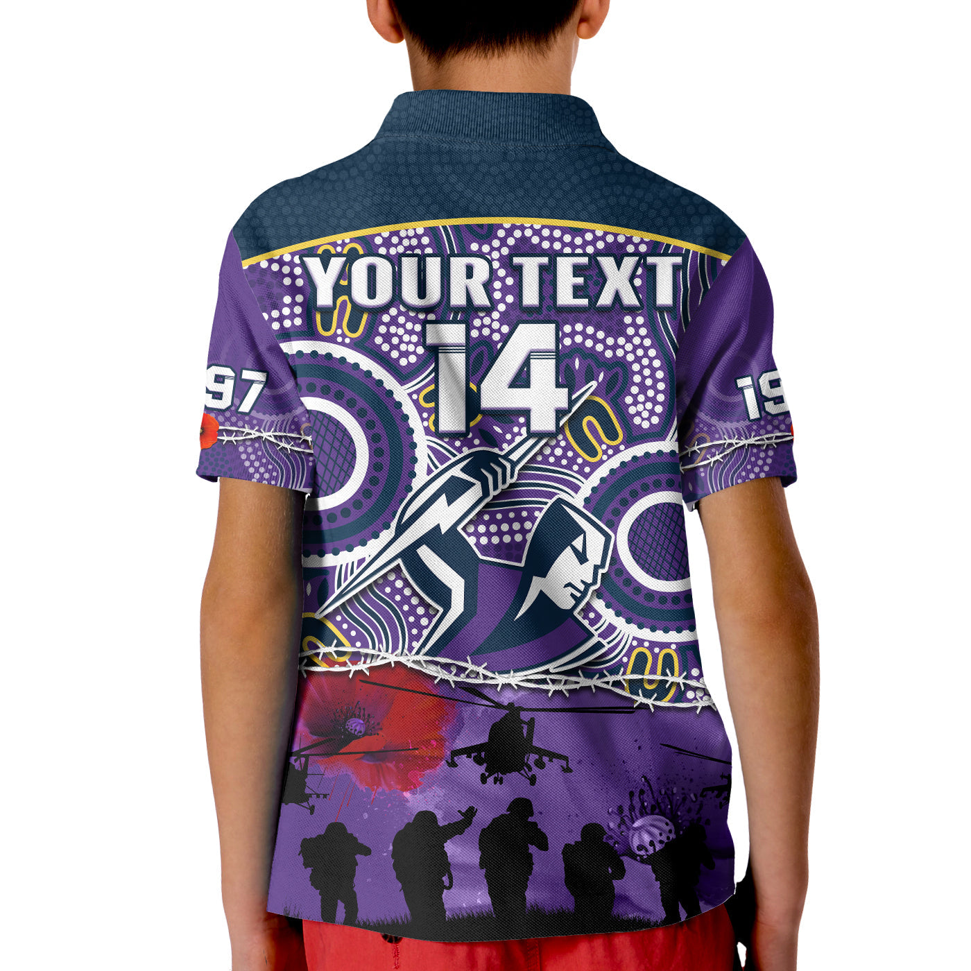 custom-text-and-number-melbourne-storm-rugby-anzac-polo-shirt-kid-indigenous-poppy-australian-army