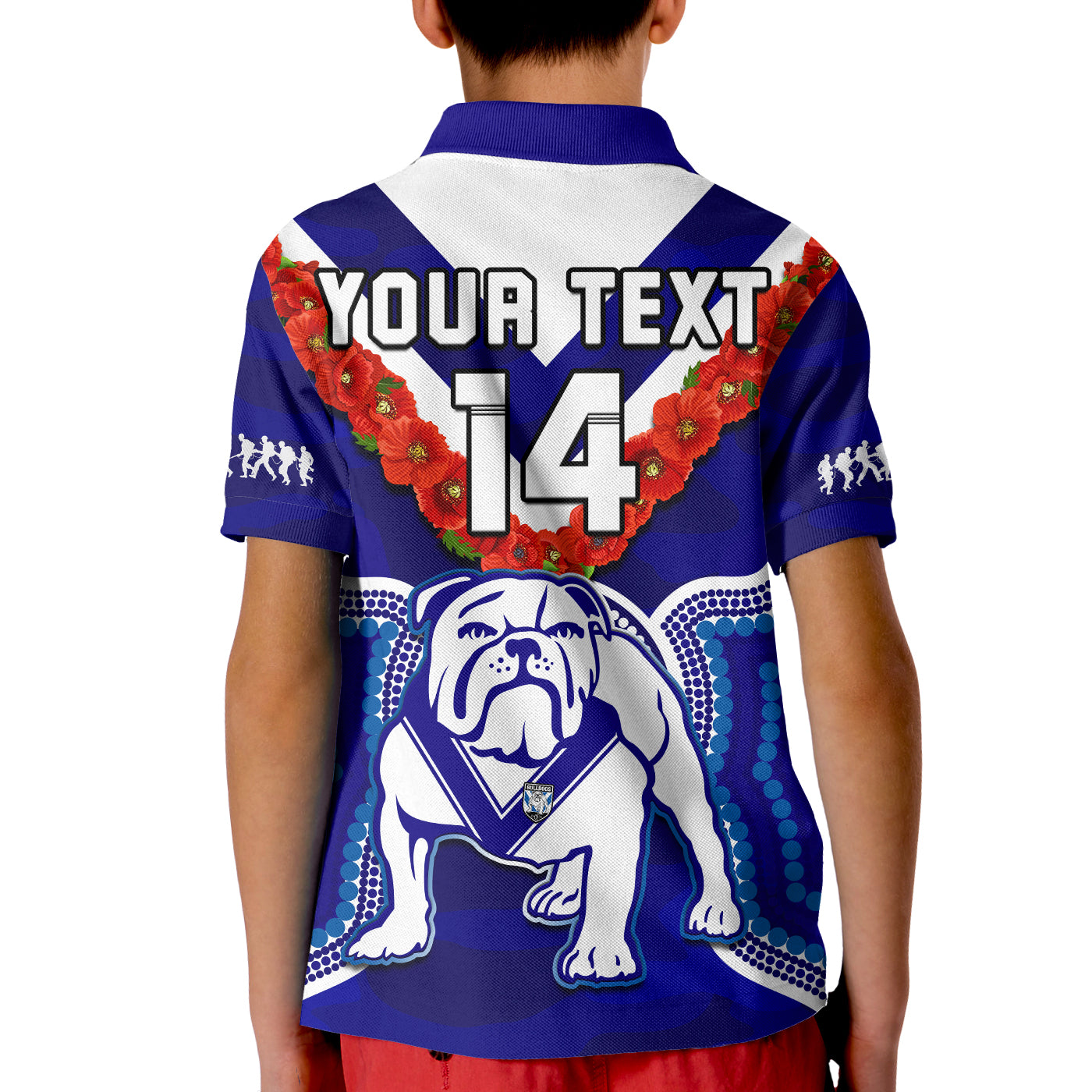 custom-text-and-number-bulldogs-rugby-anzac-2023-polo-shirt-kid-dots-poppy-mix-camouflage-lest-we-forget