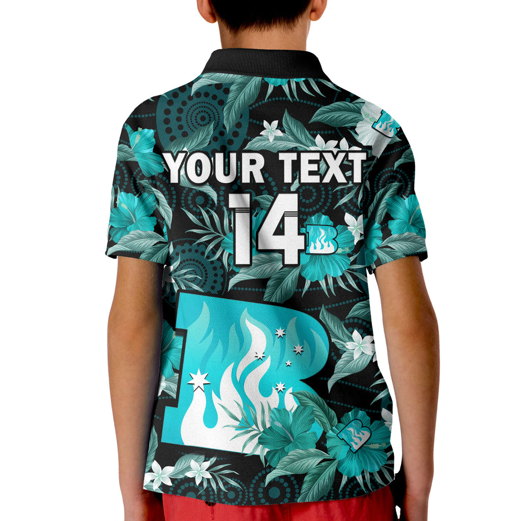 custom-text-and-number-brisbane-heat-cricket-polo-shirt-kid-aboriginal-art-mix-tropical-flowers
