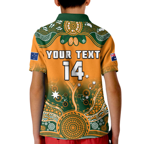 custom-text-and-number-australia-rugby-polo-shirt-kid-wallabies-kangaroo-orange-aboriginal
