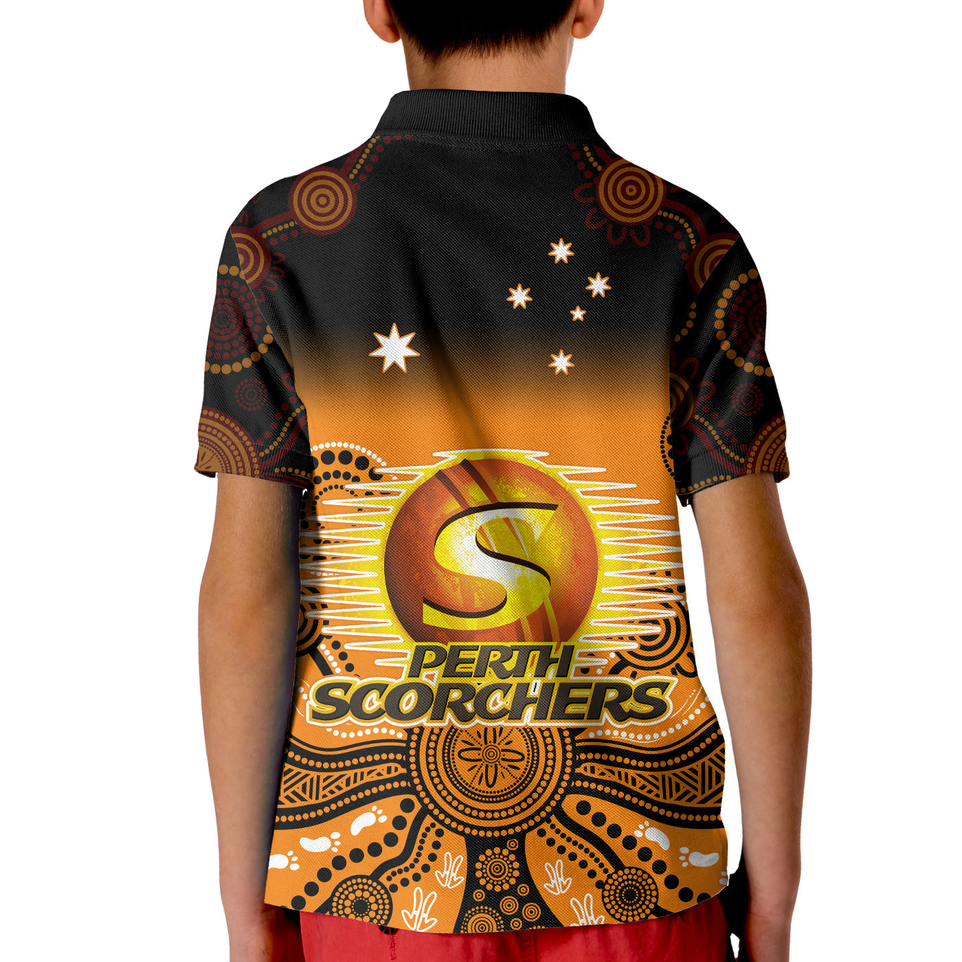 perth-scorchers-polo-shirt-kid-gradient-aboriginal-dot-painting