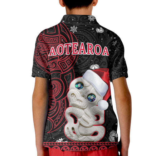 custom-personalised-new-zealand-christmas-polo-shirt-kid-hei-tiki-red-pohutukawa-meri-kirihimete