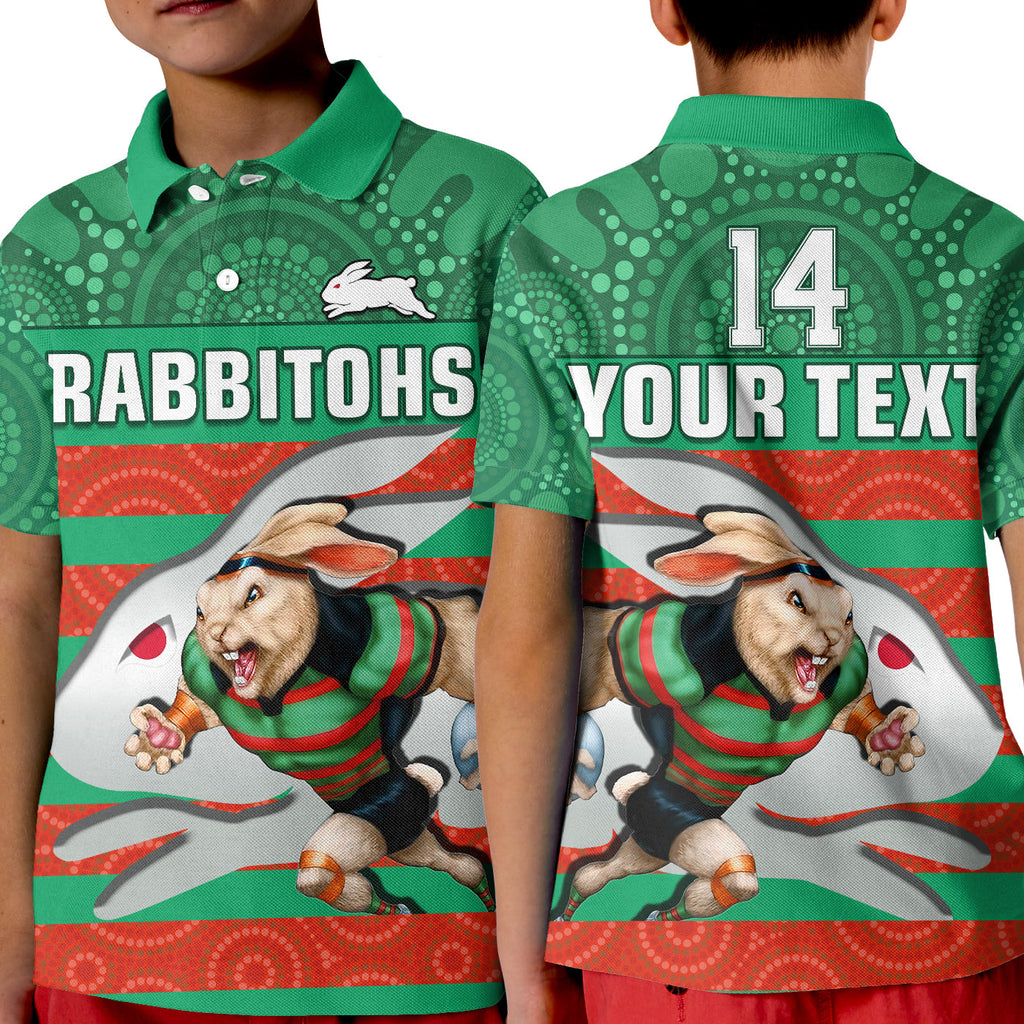 custom-text-and-number-rabbitohs-rugby-polo-shirt-kid-aboriginal-dot-painting-glory-glory-sporty-style