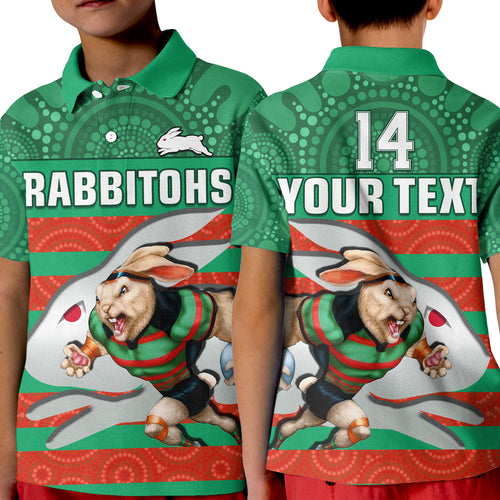 custom-text-and-number-rabbitohs-rugby-polo-shirt-kid-aboriginal-dot-painting-glory-glory-sporty-style