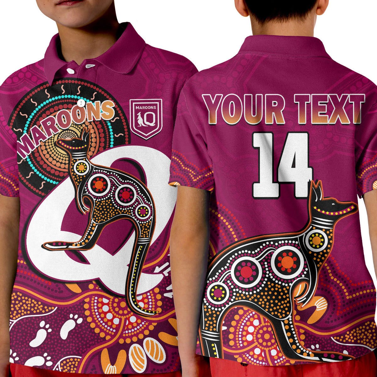 custom-text-and-number-maroons-rugby-polo-shirt-kid-queensland-kangaroo-aboriginal-dot-paintings