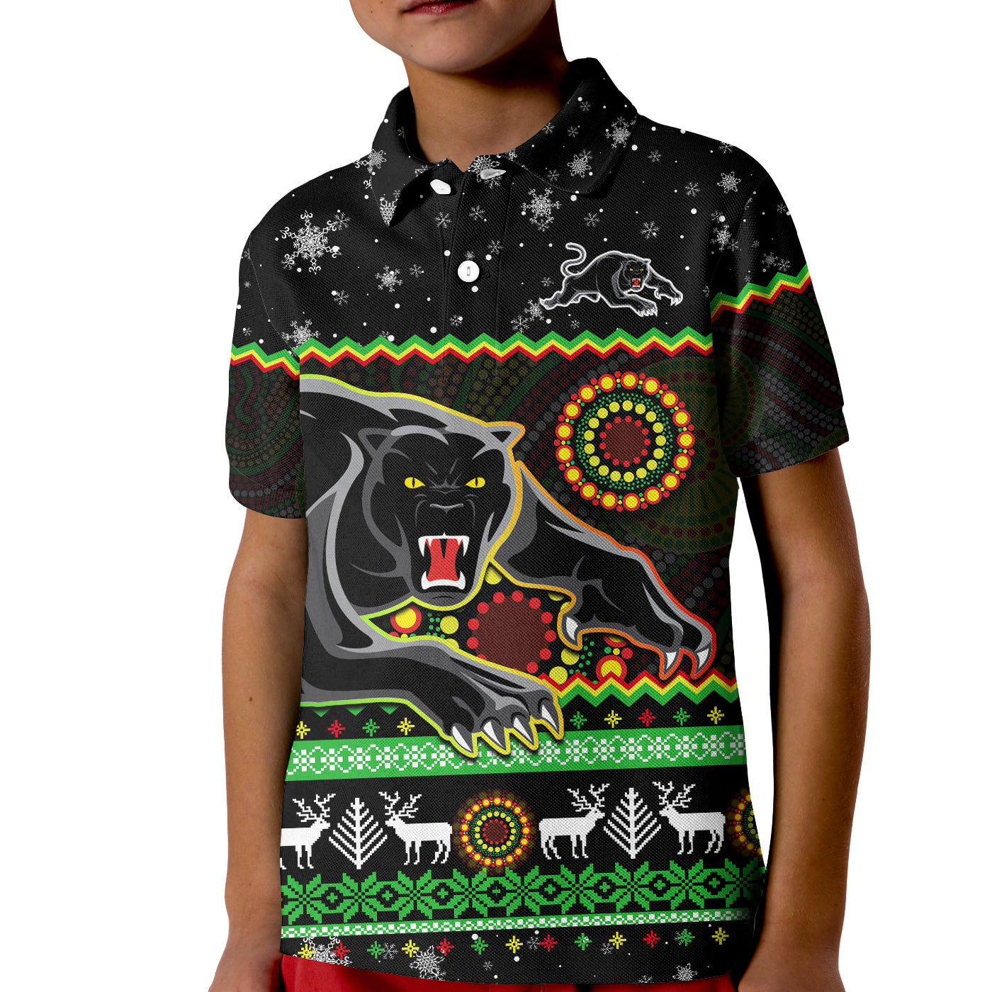 custom-personalised-panthers-christmas-polo-shirt-kid-aboriginal-pattern-penrith-black-version