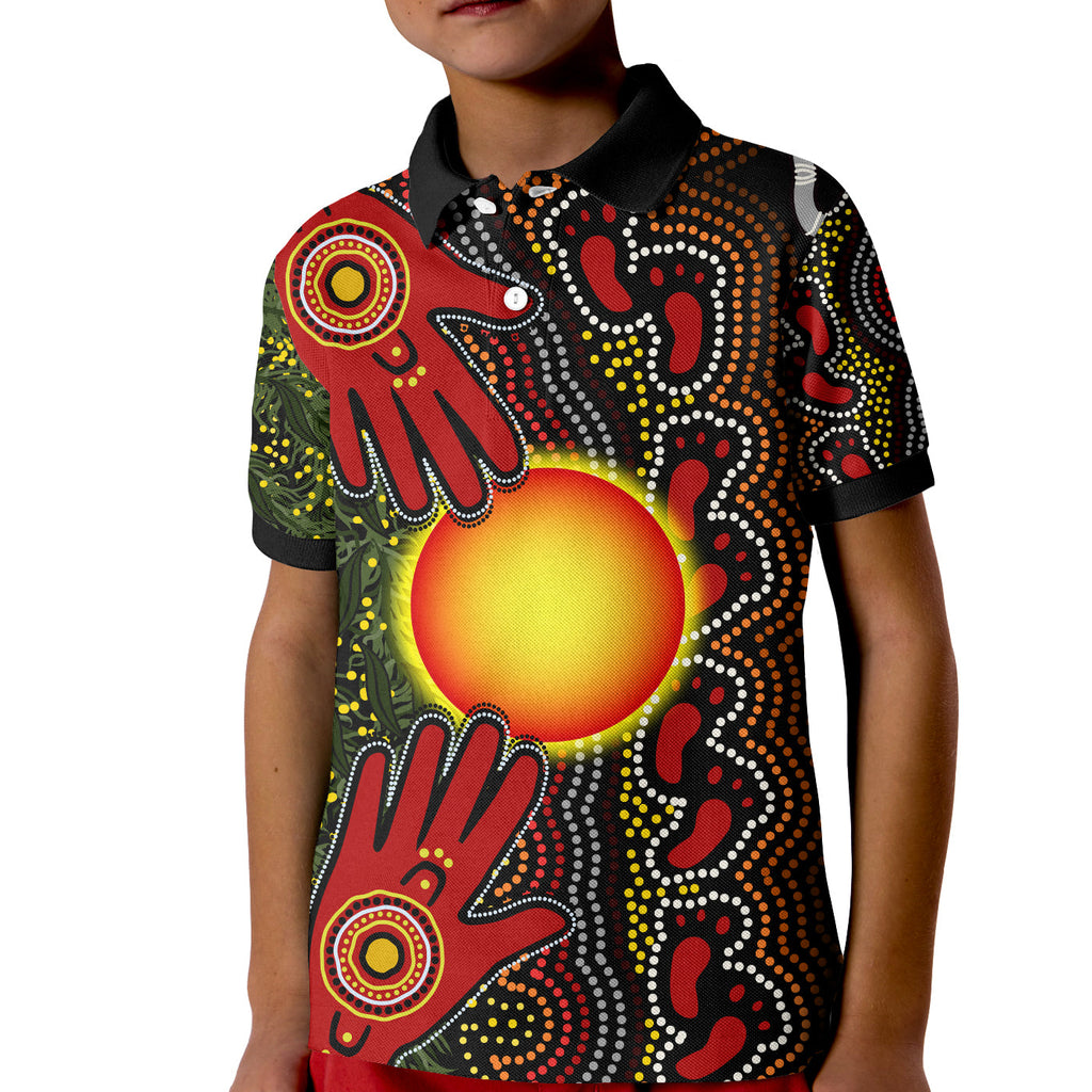 custom-text-and-number-aboriginal-dot-painting-polo-shirt-kid-go-to-touch-the-sun