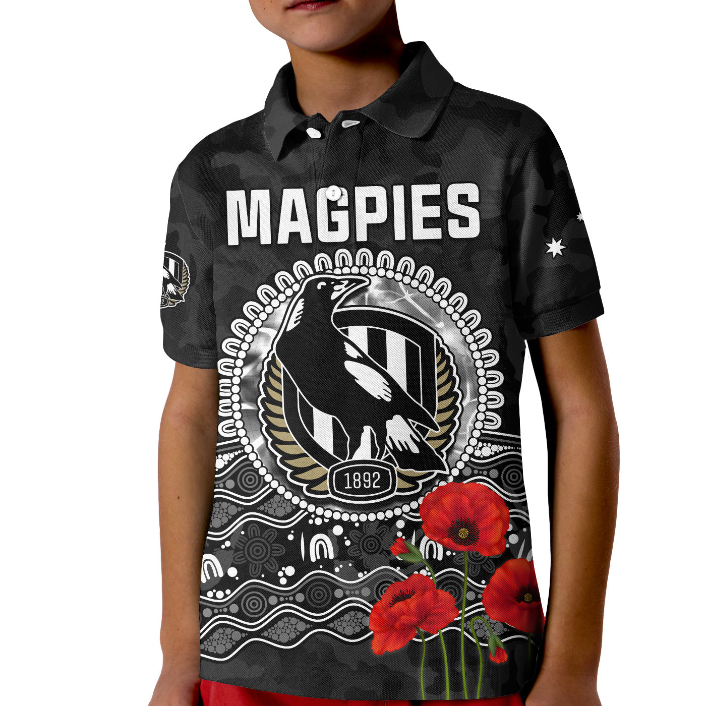 custom-text-and-number-magpies-football-anzac-day-polo-shirt-kid-speical-poppy-mix-aboriginal