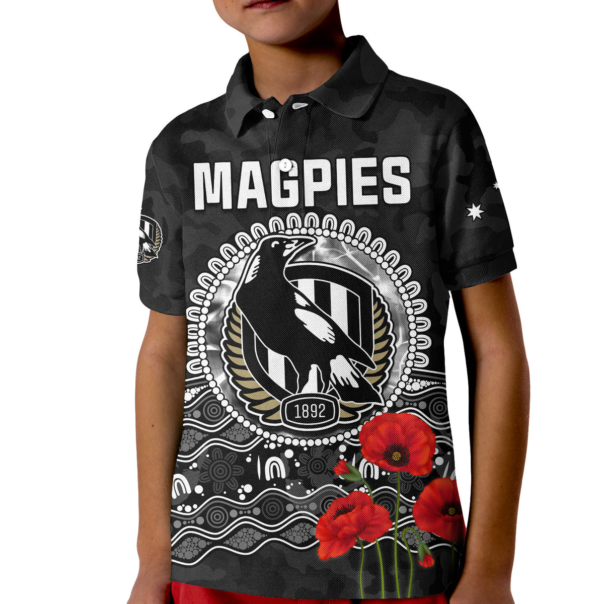 custom-personalised-magpies-football-anzac-day-polo-shirt-kid-speical-poppy-mix-aboriginal
