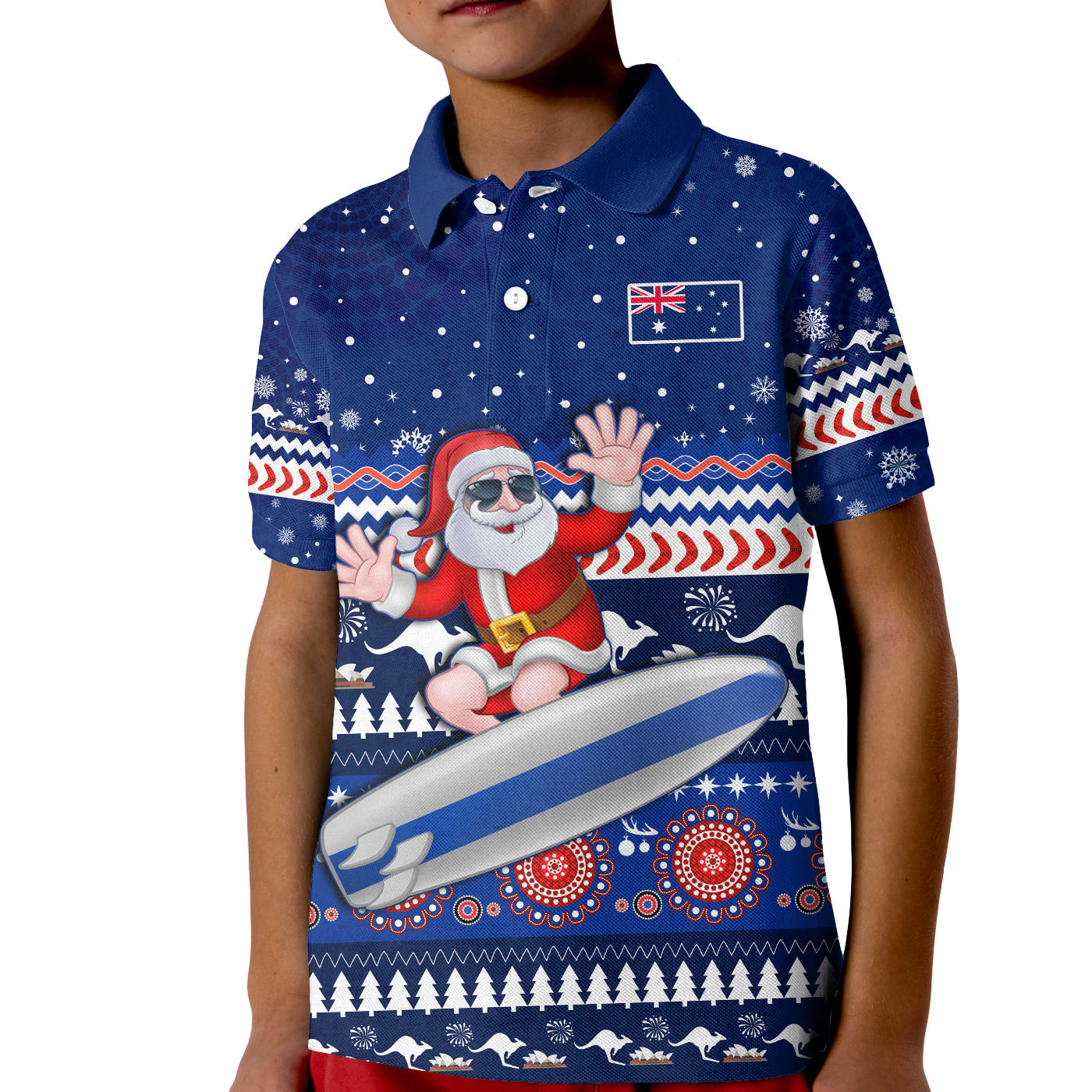 custom-text-and-number-australia-christmas-polo-shirt-aussie-aboriginal-santa-claus-is-surfing-with-kangaroo