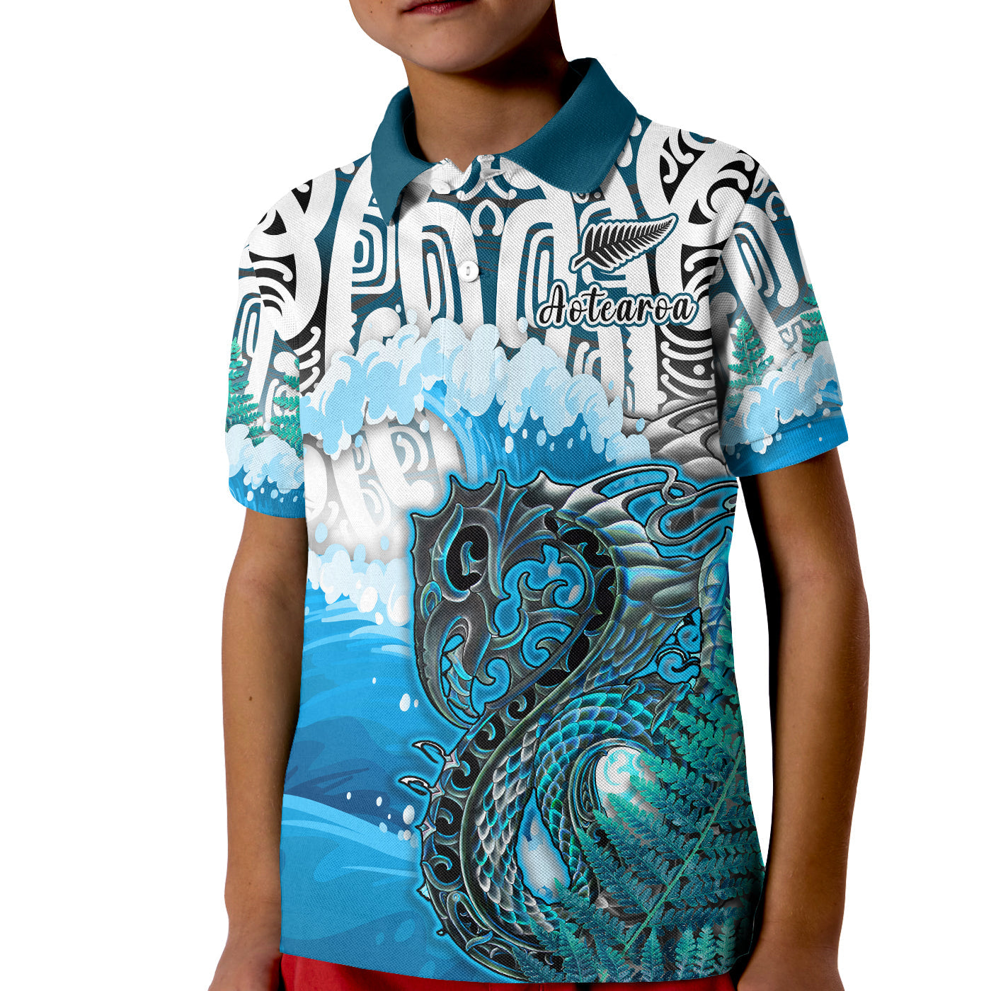 custom-personalised-manaia-maori-polo-shirt-fern-aotearoa-blue-waves