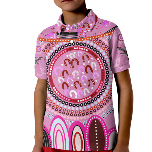 custom-text-and-number-aboriginal-stand-up-polo-shirt-kid-circle-dot-with-lizard-version-pink