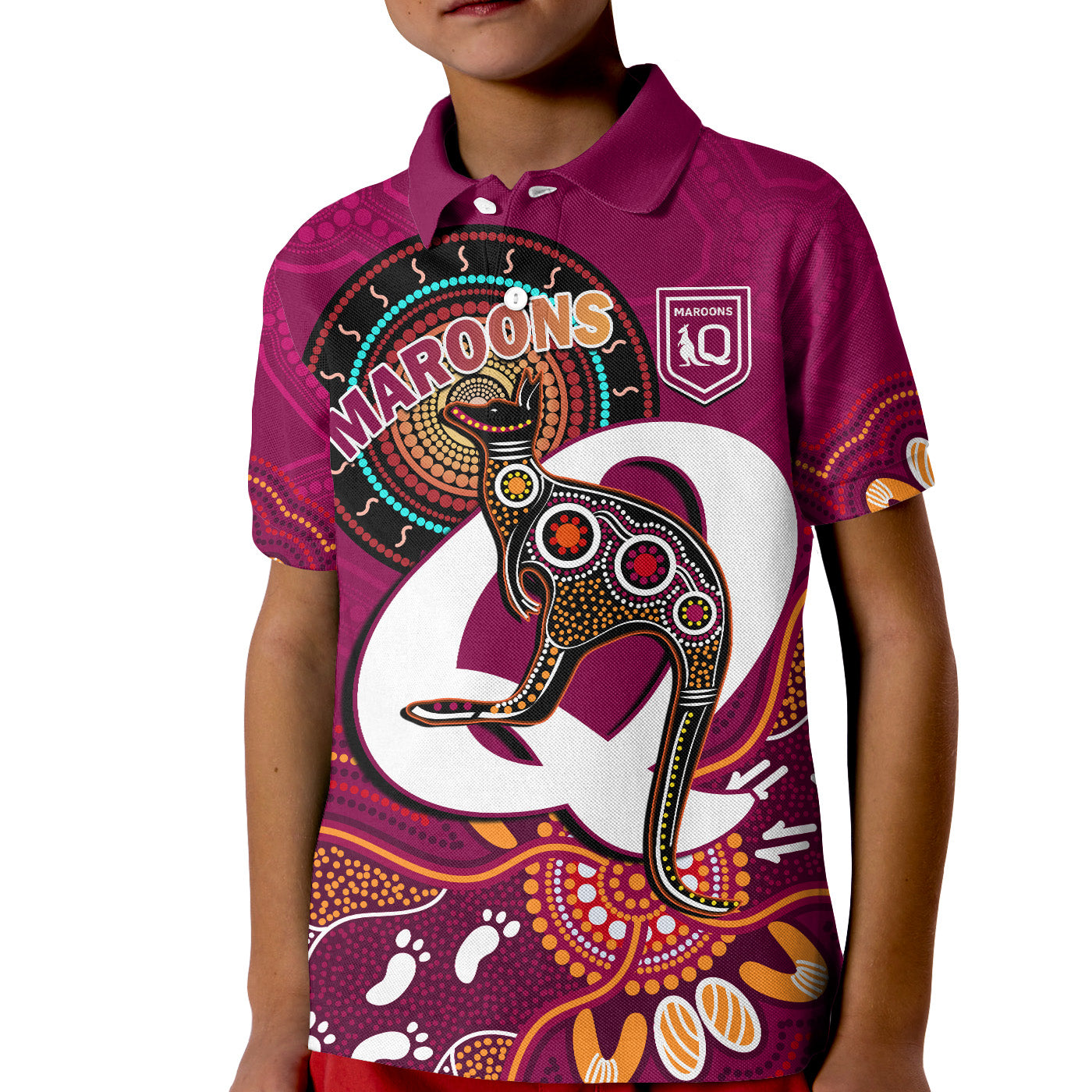 custom-text-and-number-maroons-rugby-polo-shirt-queensland-kangaroo-aboriginal-dot-paintings