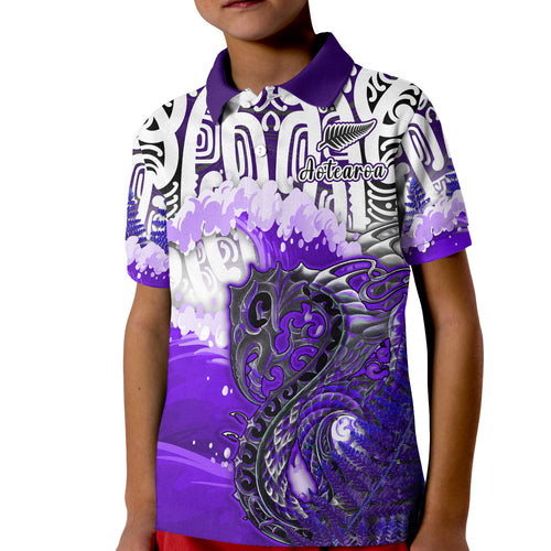 custom-personalised-manaia-maori-polo-shirt-fern-aotearoa-purple-waves