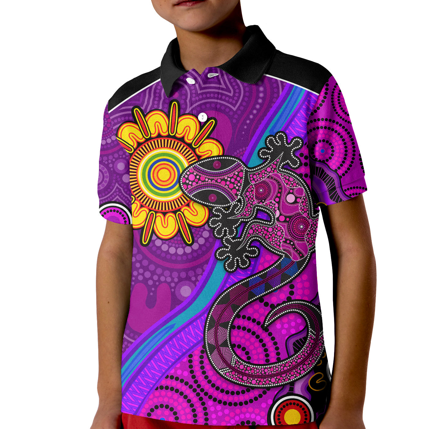 australia-lizard-and-sun-polo-shirt-aboriginal-art-purple