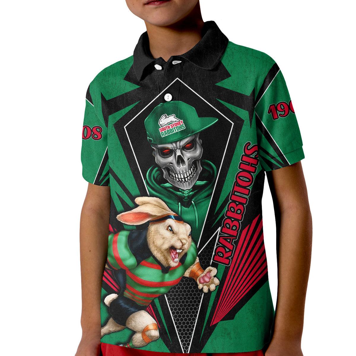 custom-personalised-rabbitohs-rugby-polo-shirt-kid-mascot-south-sydney-since-1908-cool-skull