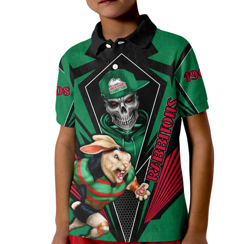 custom-personalised-rabbitohs-rugby-polo-shirt-kid-mascot-south-sydney-since-1908-cool-skull