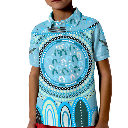 custom-text-and-number-aboriginal-stand-up-polo-shirt-kid-circle-dot-with-lizard-version-blue