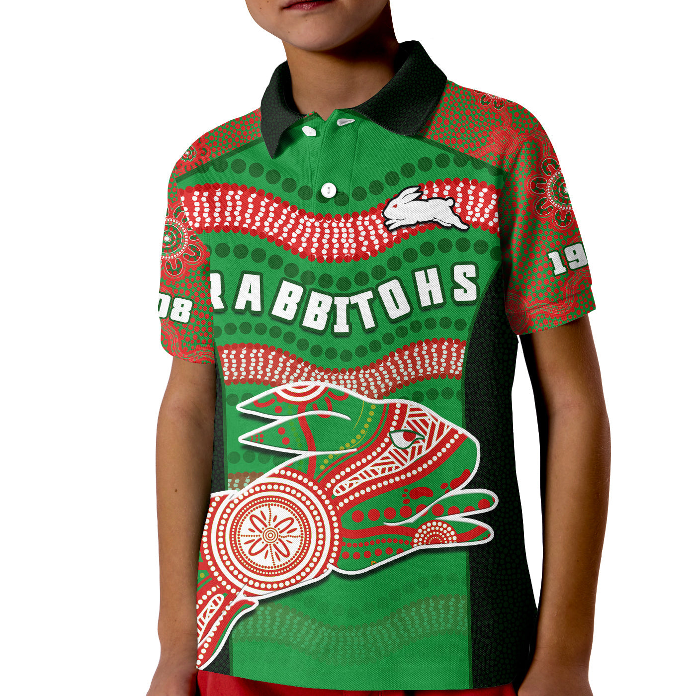 custom-text-and-number-rabbitohs-rugby-polo-shirt-kid-souths-1908-aboriginal-dot-painting-go-bunnies