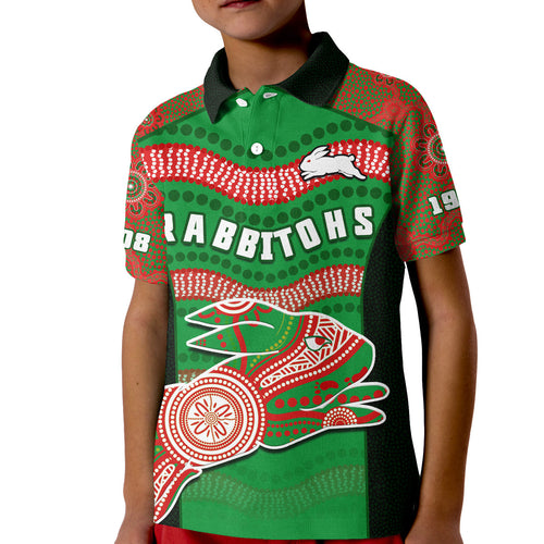 custom-text-and-number-rabbitohs-rugby-polo-shirt-kid-souths-1908-aboriginal-dot-painting-go-bunnies