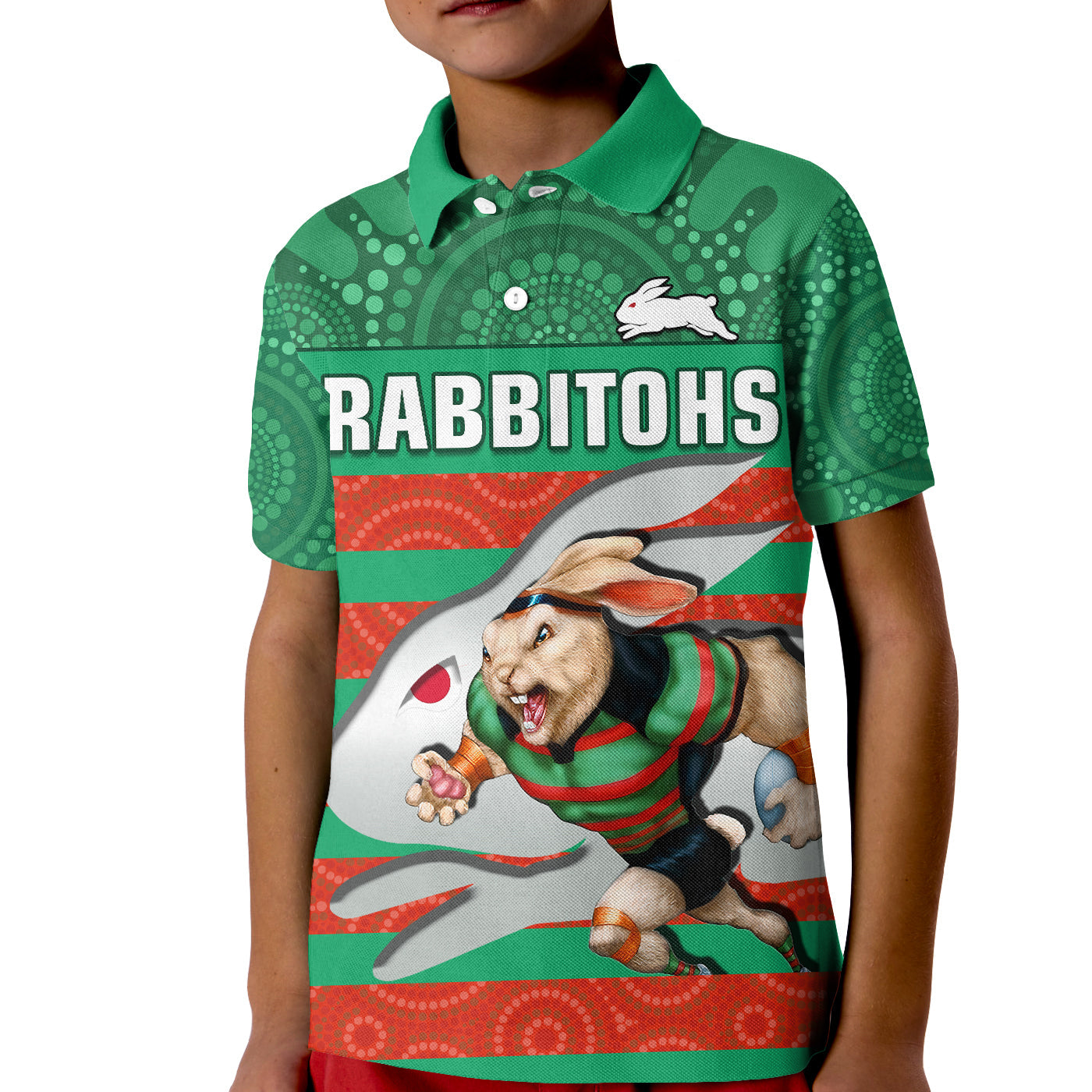 custom-text-and-number-rabbitohs-rugby-polo-shirt-aboriginal-dot-painting-glory-glory-sporty-style