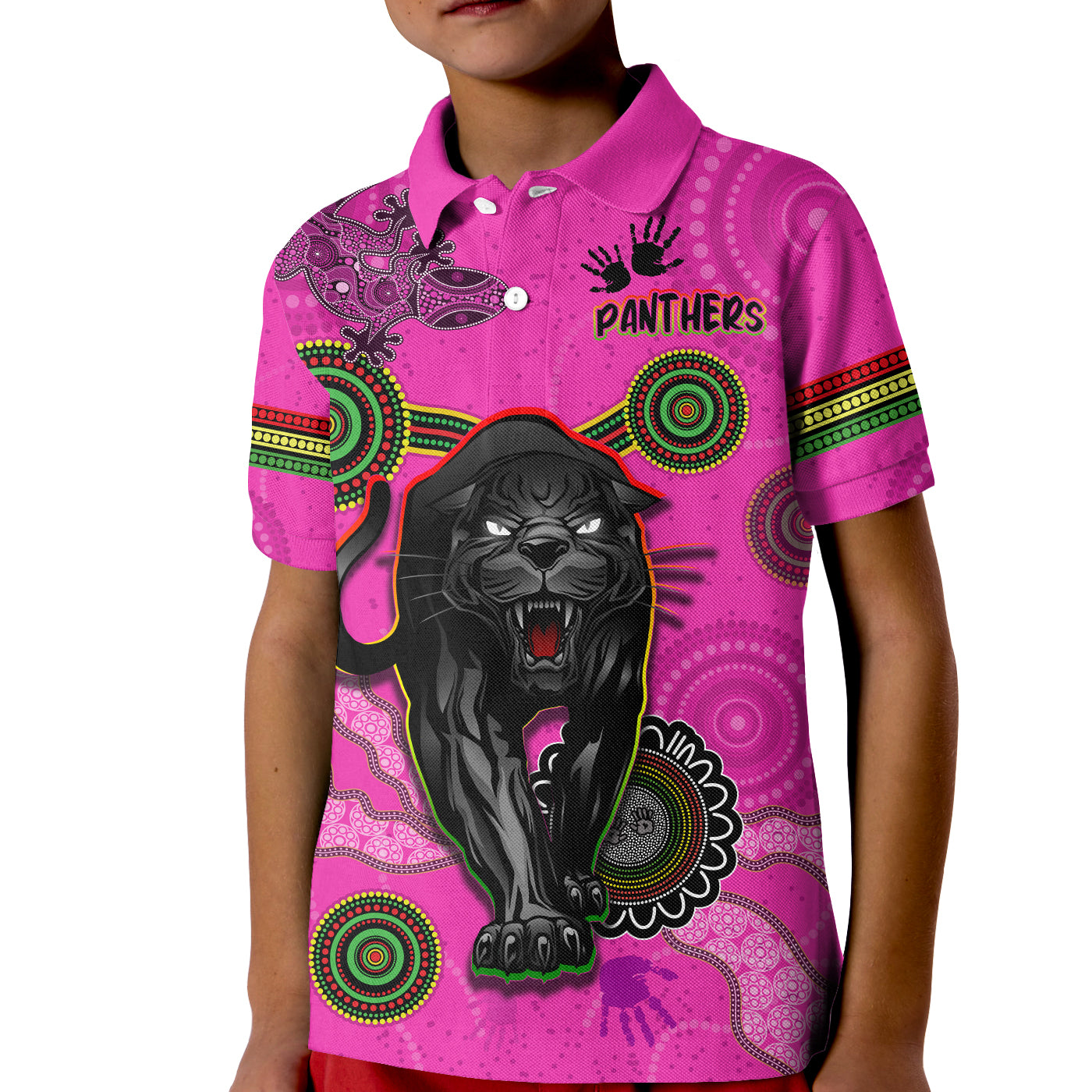 custom-text-and-number-panthers-polo-shirt-kid-aboriginal-with-lizard