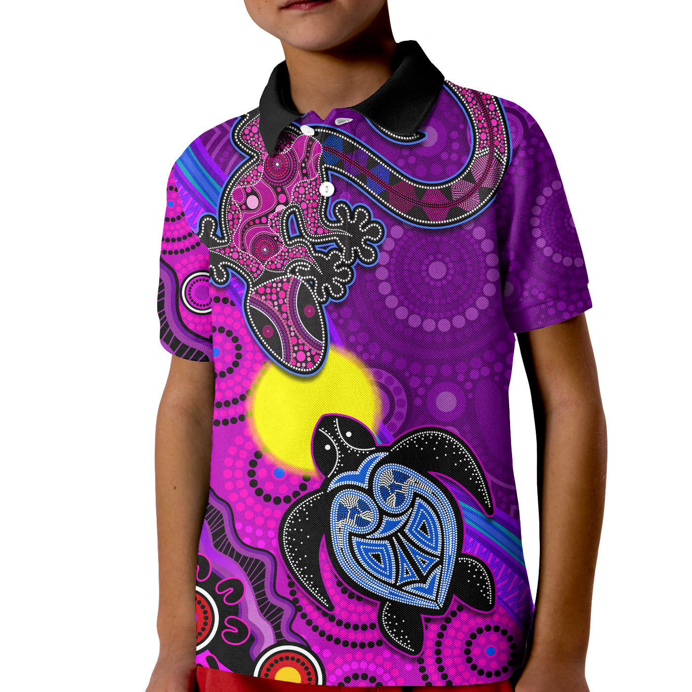 custom-personalised-australia-lizard-and-turtle-polo-shirt-kid-aboriginal-art-beautiful-life