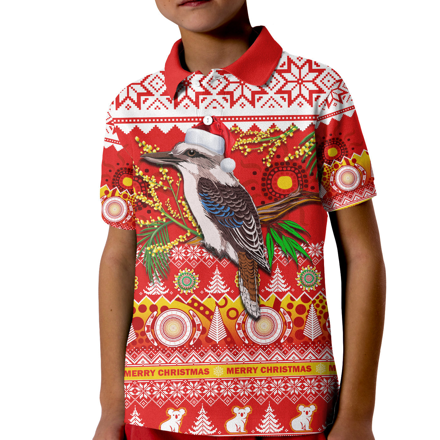 australia-polo-shirt-kookaburra-mix-golden-wattle-aboriginal-art-merry-christmas