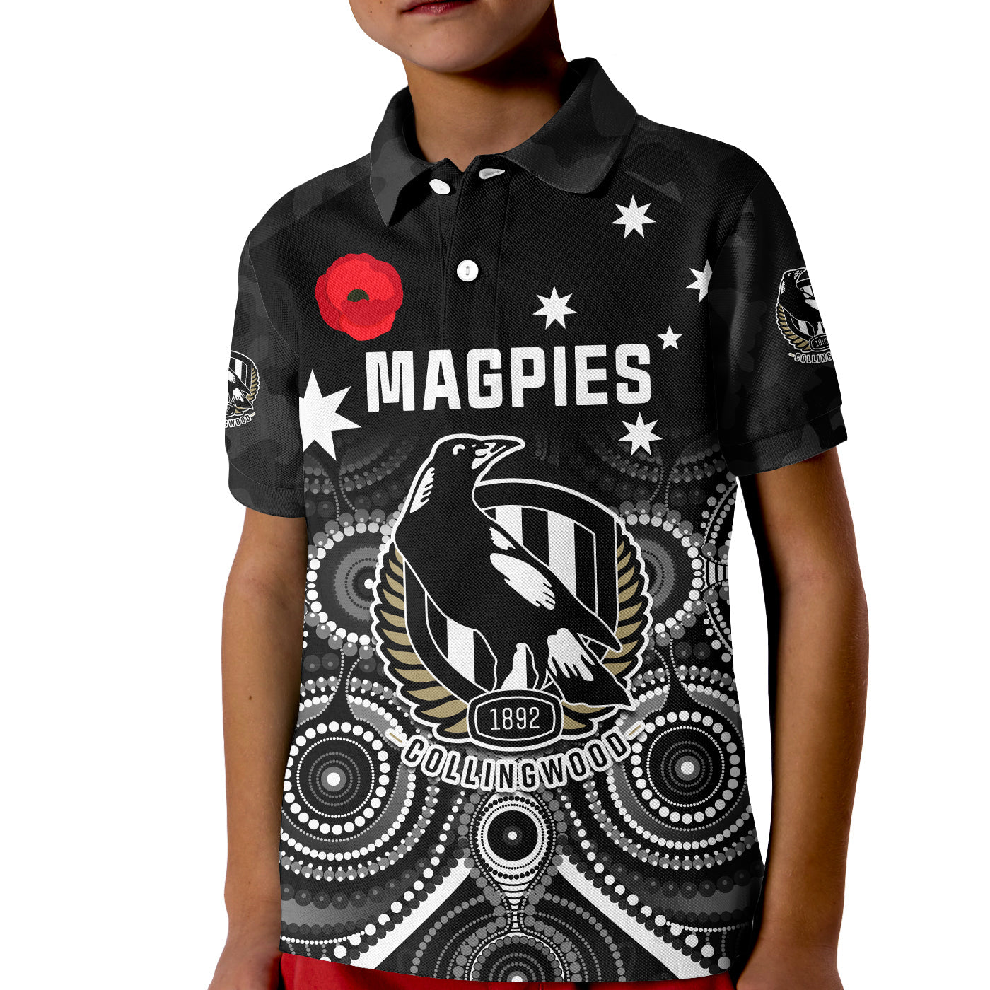 custom-text-and-number-magpies-football-anzac-day-polo-shirt-kid-aboriginal-poppy-flowers