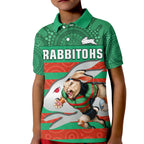 custom-text-and-number-rabbitohs-rugby-polo-shirt-kid-aboriginal-dot-painting-glory-glory-sporty-style