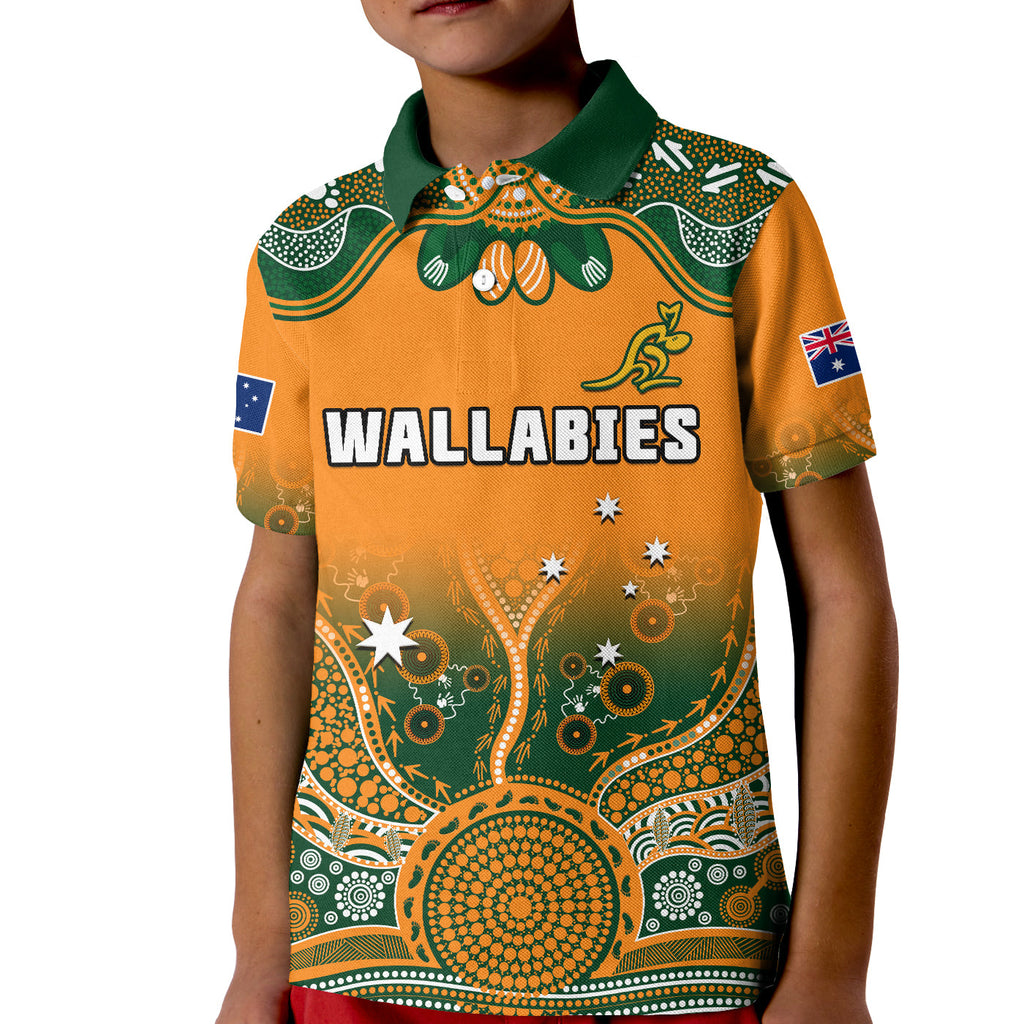custom-text-and-number-australia-rugby-polo-shirt-kid-wallabies-kangaroo-orange-aboriginal