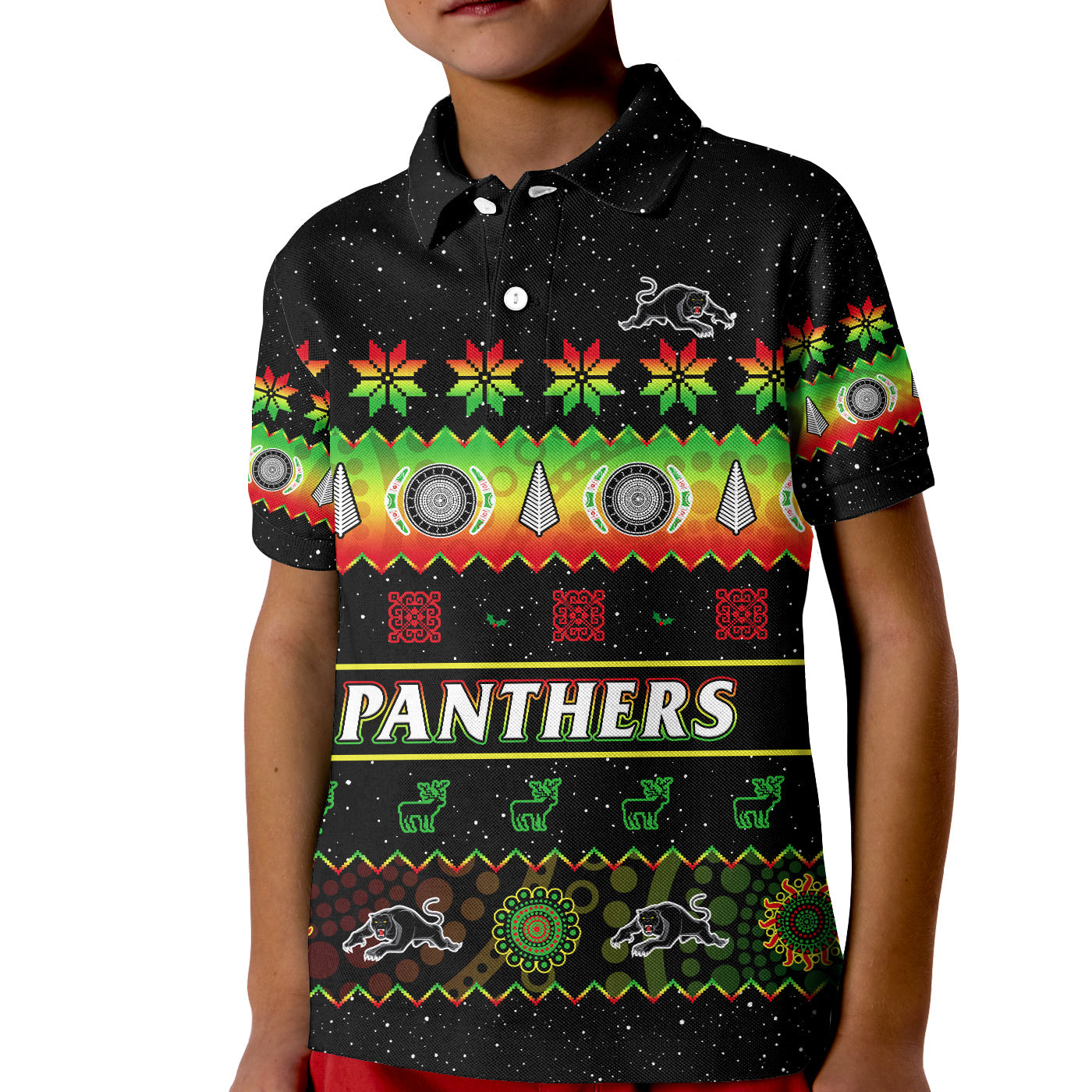 custom-personalised-penrith-panthers-christmas-polo-shirt-the-riff-aboriginal-art-merry-xmas