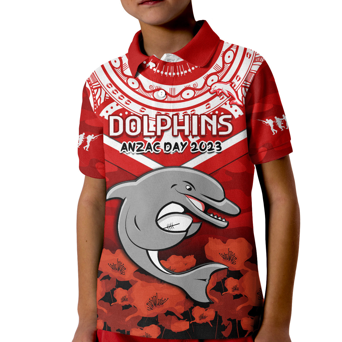 custom-text-and-number-dolphins-rugby-anzac-2023-polo-shirt-kid-dots-poppy-mix-camouflage-lest-we-forget