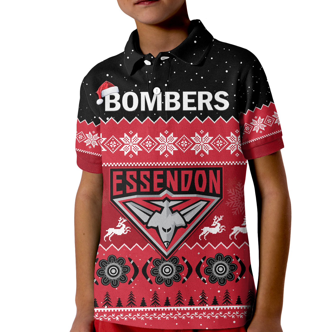custom-personalised-essendon-football-polo-shirt-kid-bombers-indigenous-merry-christmas