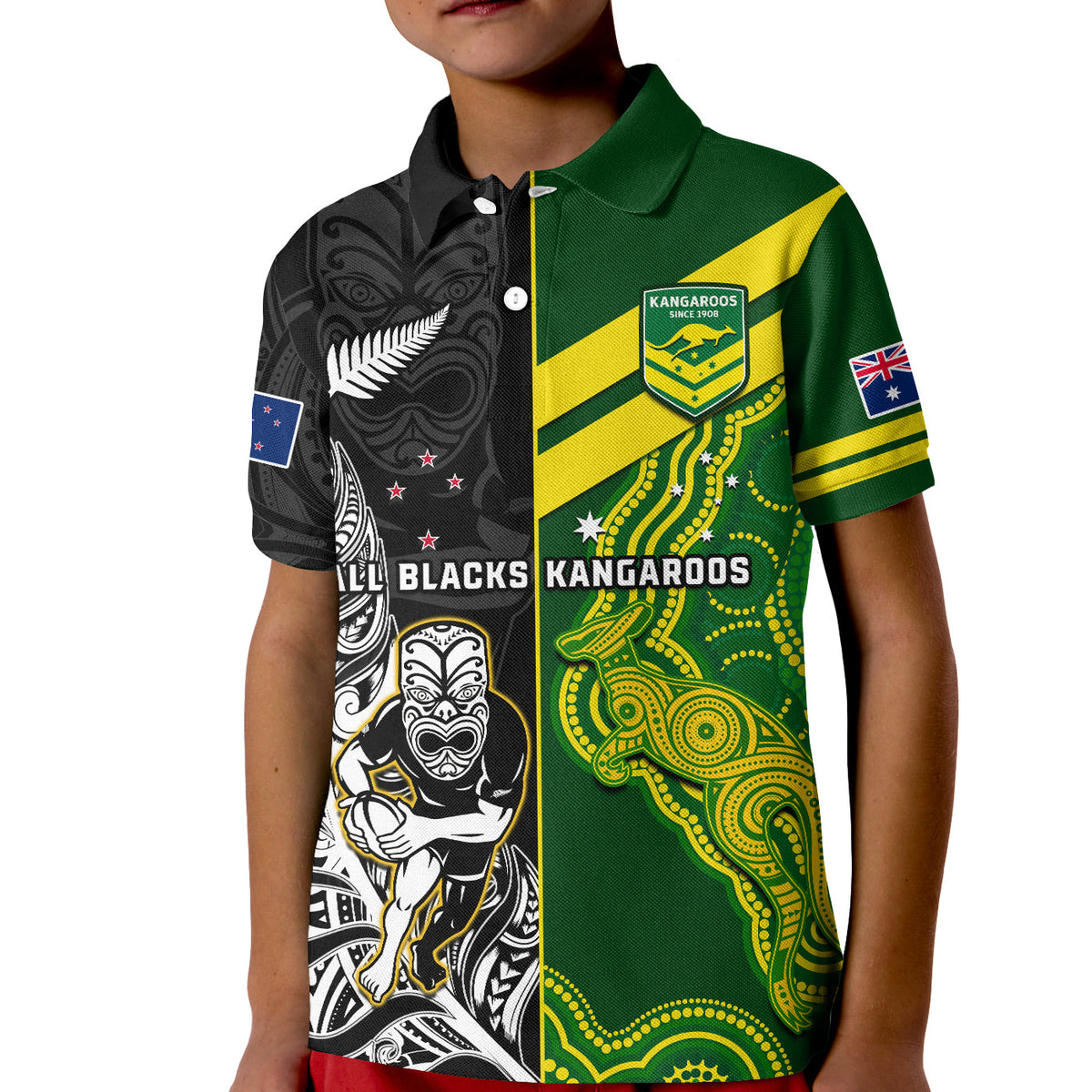 custom-personalised-australia-kangaroos-and-all-black-rugby-polo-shirt-kid-aboriginal-mix-nz-maori-fern