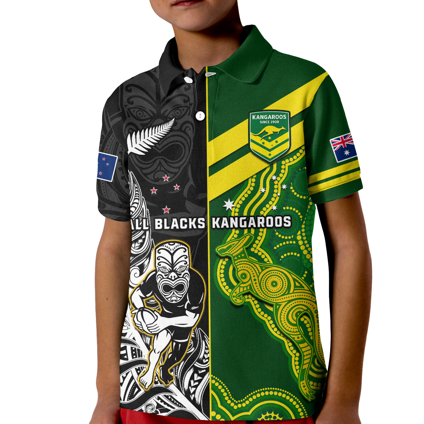 custom-personalised-australia-kangaroos-and-all-black-rugby-polo-shirt-kid-aboriginal-mix-nz-maori-fern